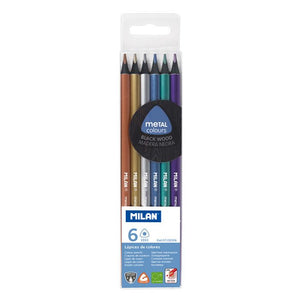 Box 6 Triangular Metallic Colour Pencils, Black Wood
