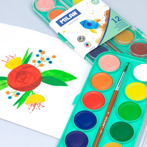 Set of 12 opaque watercolour tablets Ø 30 mm with brush