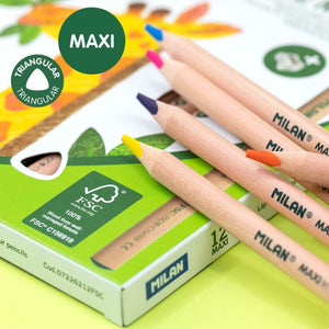 Box 12 MAXI triangular colour pencils, FSC®-certified wood + sharpener