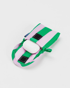 Puffy Earbuds Case Pink Green Awning Stripe